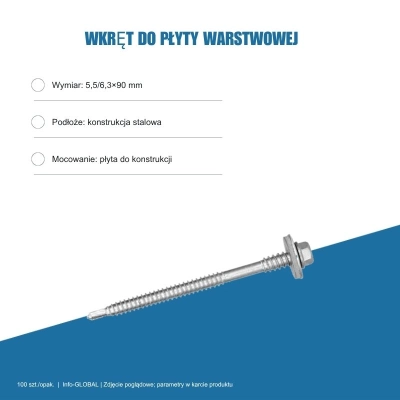 Wkręt do płyty warstwowej Info-GLOBAL AR6 W CSG 5,5/6,3×90 mm, bez lakieru, 100 szt.